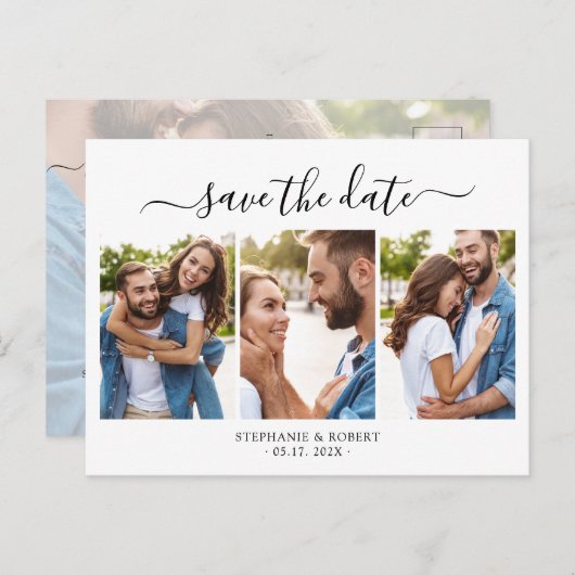 シック3フォトコラージュ予算結婚式の日付を保存 案内ポストカード (正面/裏面)