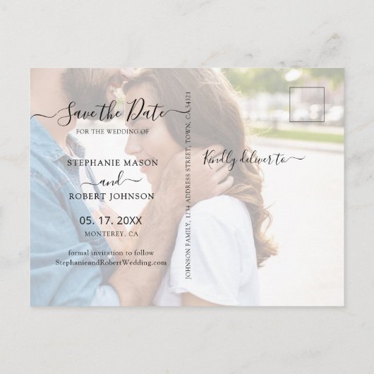 シック3フォトコラージュ予算結婚式の日付を保存 案内ポストカード (裏面)