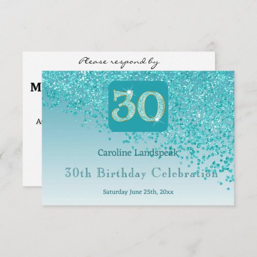 シック30誕生日ティール(緑がかった色)ブルーグリッターRSV 出欠カード (正面/裏面)
