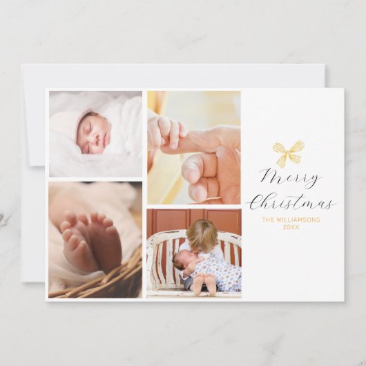 シック4フォトコラージュ金ゴールドボウメリークリスマス シーズンカード (正面)