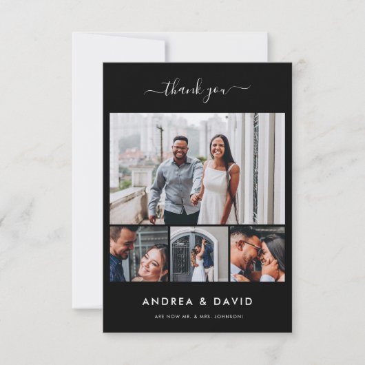 シック4モダンフォトコラージュWebサイトブラック結婚ズ サンキューカード (正面)
