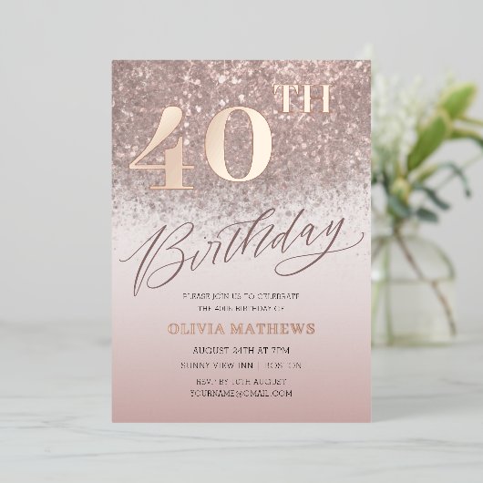 シック40歳の誕生日実在バラ金ゴールド 箔招待状 (立ち正面)