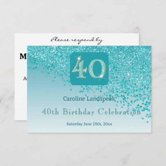 シック40誕生日ティール（緑がかった色）ブルーグリッターRSV 出欠カード (正面/裏面)