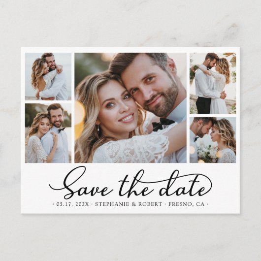 シック5フォトコラージュ予算結婚式の日付を保存 案内ポストカード (正面)
