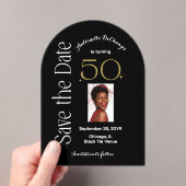 シック50と素晴らしいブラック金ゴールドアーチ日付を保存 アクリル招待状 (インサイチュ (ポータブル))