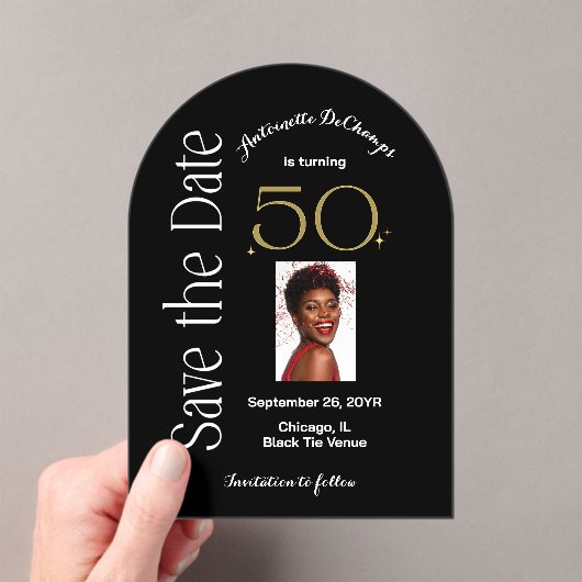 シック50と素晴らしいブラック金ゴールドアーチ日付を保存 アクリル招待状 (インサイチュ (ポータブル))