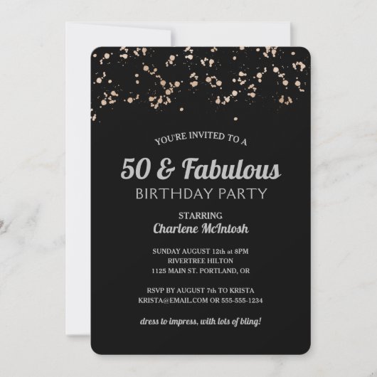 シック50と素晴らしいブラック金ゴールドシルバー50th誕生日 招待状 (正面)