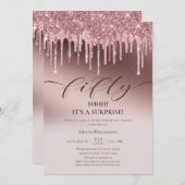 シック50ピンクグリッター誕生日パーティー 招待状 (正面/裏面)