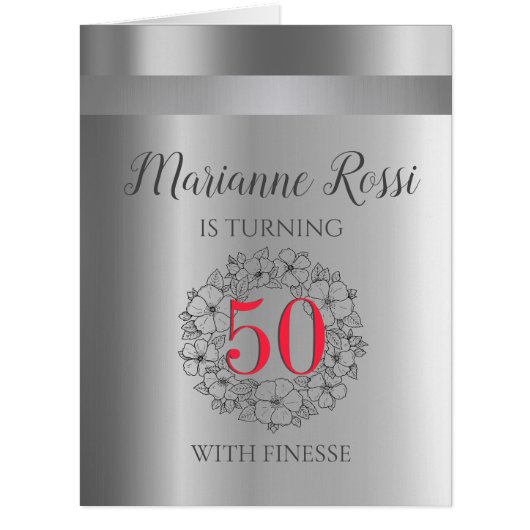 シック50誕生日シルバーメタリック誕生日カード (正面)