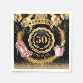 シック50誕生日ブラックバルーン金ゴールドグリッター スタンダードカクテルナプキン (正面)