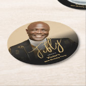 シック50誕生日ブラック金ゴールドモダンカスタム写真 ラウンドペーパーコースター (アングル)