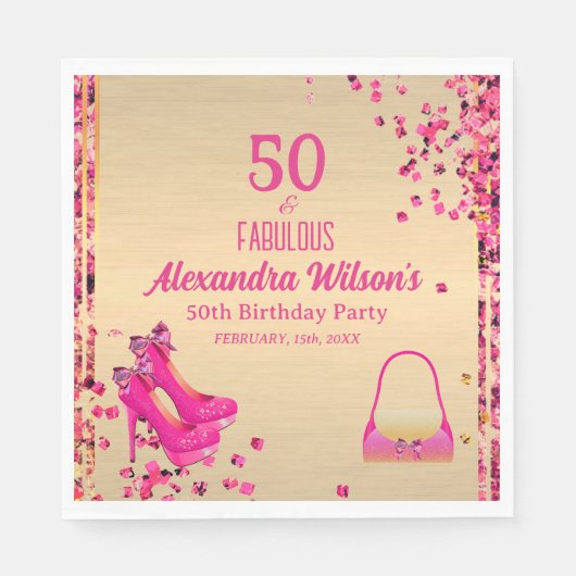 シック50&素晴らしいハイヒール金ゴールドホットピンクグリッター スタンダードランチョンナプキン (正面)