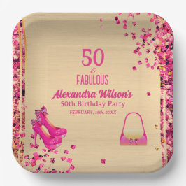 シック50&素晴らしいハイヒール金ゴールドホットピンクグリッター ペーパープレート