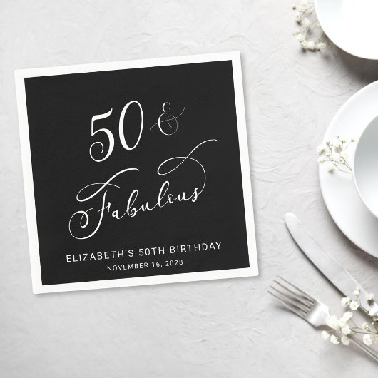 シック50thバースデーパーティーブラック スタンダードカクテルナプキン