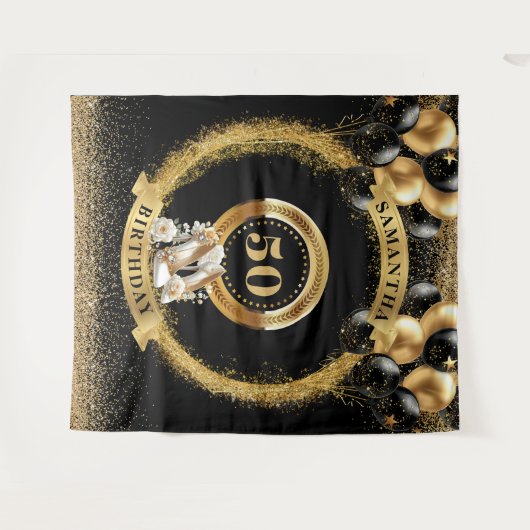 シック50th誕生日バナー金ゴールドグリッターヒール タペストリー (正面(横))