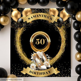 シック50th誕生日バナー金ゴールドグリッターヒール タペストリー