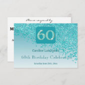 シック60誕生日ティール（緑がかった色）ブルーグリッターRSV 出欠カード (正面/裏面)