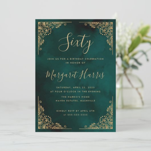 シック60th六十金ゴールドフレームグリーン誕生日 招待状 (スタンド正面)