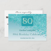 シック80誕生日ティール（緑がかった色）ブルーグリッターRSV 出欠カード (正面/裏面)
