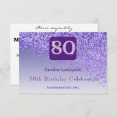 シック80誕生日パープルグリッターRSVP 出欠カード (正面/裏面)