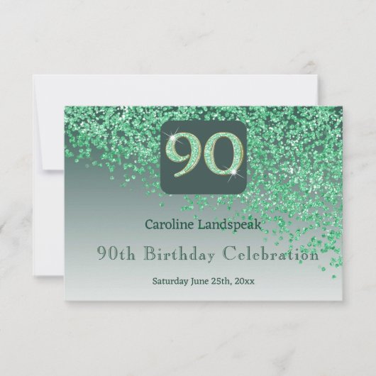 シック90誕生日グリーングリッターRSVP 出欠カード (正面)