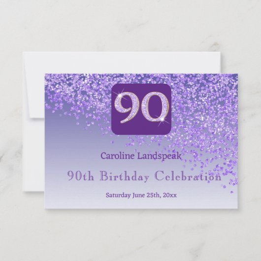 シック90誕生日パープルグリッターRSVP 出欠カード (正面)