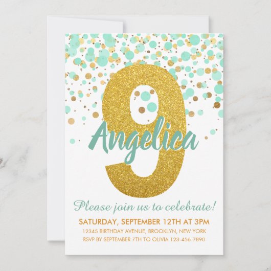 シック9th誕生日ミントグリーン金ゴールドグリッター紙吹雪 招待状 (正面)