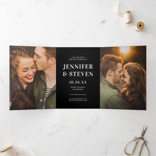 シック+はっきりしたタイポグラフィ日付の写真カードを保存 三つ折り招待状 (内部)