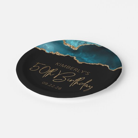 シック・アゲテゲードティール(緑がかった色)金ゴールド50thバースデーパーティー ペーパープレート (アングル)