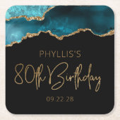 シック・アゲテゲードティール（緑がかった色）金ゴールド80thバースデーパーティー スクエアペーパーコースター (正面)