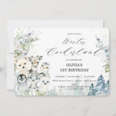 シック・ウィンター・アークティック・アニマルズ・ワンダーランド1歳誕生日 招待状 (正面)