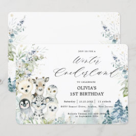 シック・ウィンター・アークティック・アニマルズ・ワンダーランド1歳誕生日 招待状