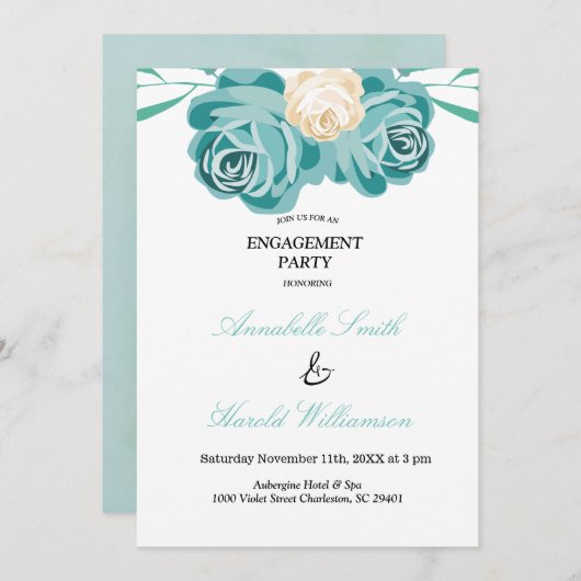 シック·ウエレガントォーターカラー·ブルー·婚約·カード 招待状 (正面/裏面)