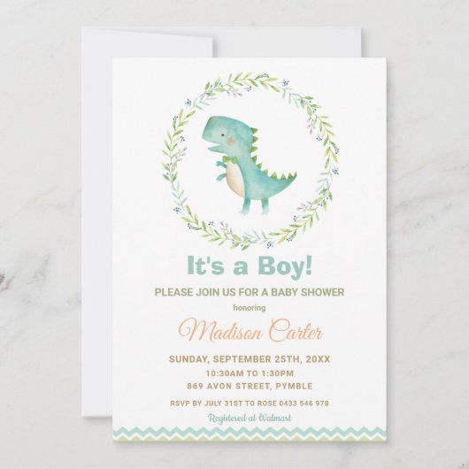 シック·ウォーターカラーの可愛い恐竜の少年ベビーシャワー 招待状 (正面)