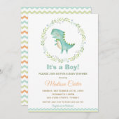 シック·ウォーターカラーの可愛い恐竜の少年ベビーシャワー 招待状 (正面/裏面)