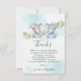シック·ウォーターカラー·ツイン·ボーイ·ガール·エレファント·ベイビー·シャワー サンキューカード