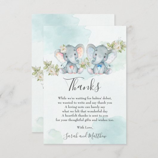 シック·ウォーターカラー·ツイン·ボーイ·ガール·エレファント·ベイビー·シャワー サンキューカード (正面/裏面)