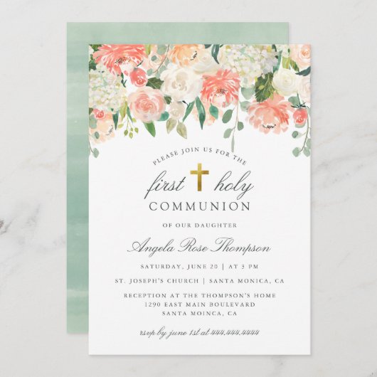 シック・ウォーター・カラー・フローラ・ガールズ・ファースト・ホリー・コミュニオン 招待状 (正面/裏面)