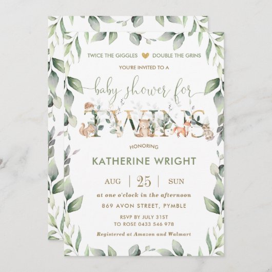 シック·ウッドランド·アニマルズ緑の双子のベビーシャワー 招待状 (正面/裏面)