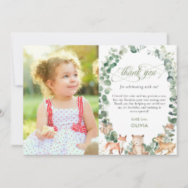 シック・ウッドランド・アニマルズ・グリーンリー第1回誕生日写真  サンキューカード