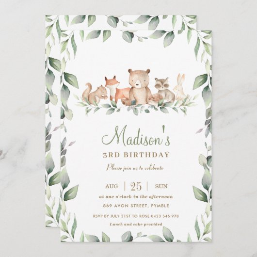 シック·ウッドランド·アニマルズ·グリーンリー·誕生日·ボーイ·ガール 招待状 (正面/裏面)