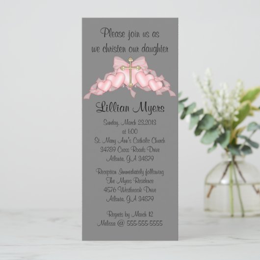 シック·エレガントピンク·クロス·バプテスマ/《キリスト教》洗礼式や命名式 招待状 (スタンド正面)