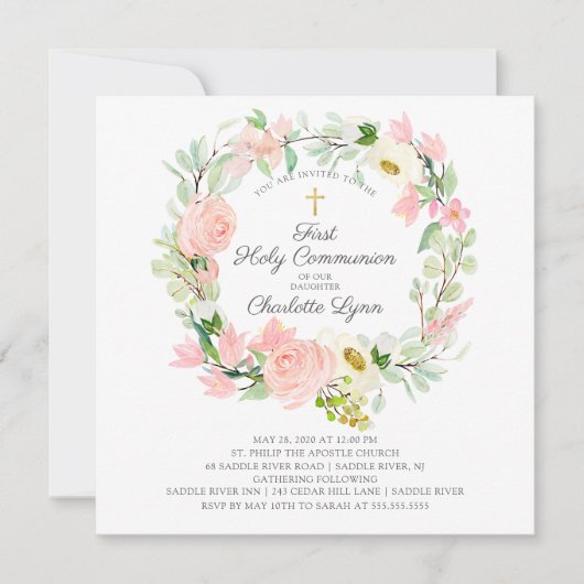 シック&エレガント赤面ピンクフローラファーストコミューン 招待状 (正面)