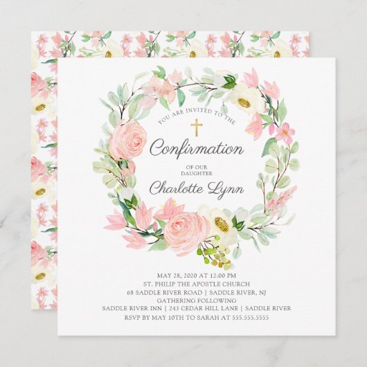 シック&エレガント赤面ピンクフローラ確認 招待状 (正面/裏面)