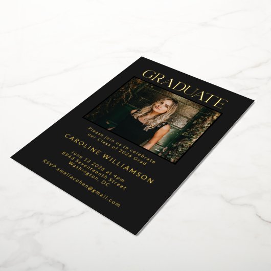 シック・エレガント金ゴールド・ブラック2人の写真卒業パーティー 箔招待状 (回転した状態)