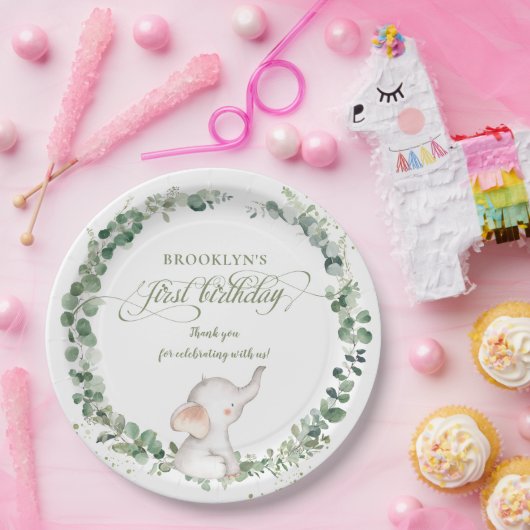 シック・エレファントグリーン男女兼用リー1st誕生日 ペーパープレート (パーティー)