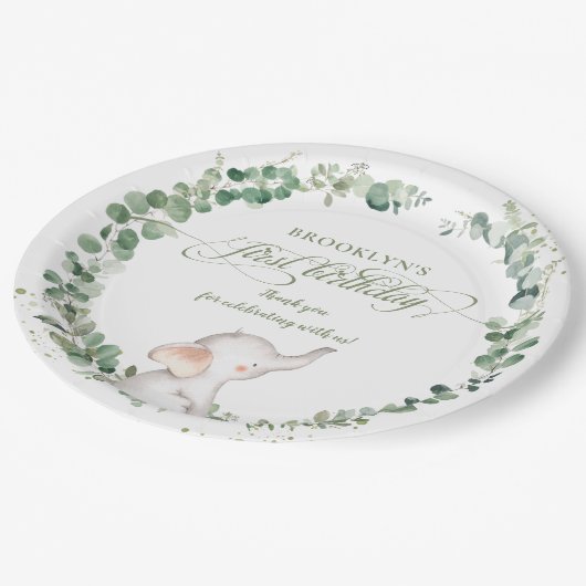 シック・エレファントグリーン男女兼用リー1st誕生日 ペーパープレート (アングル)