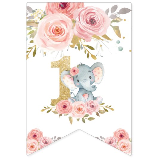 シック・エレファント1st誕生日ワンピンクフローラバンティング バンティングフラッグ (第1の旗)