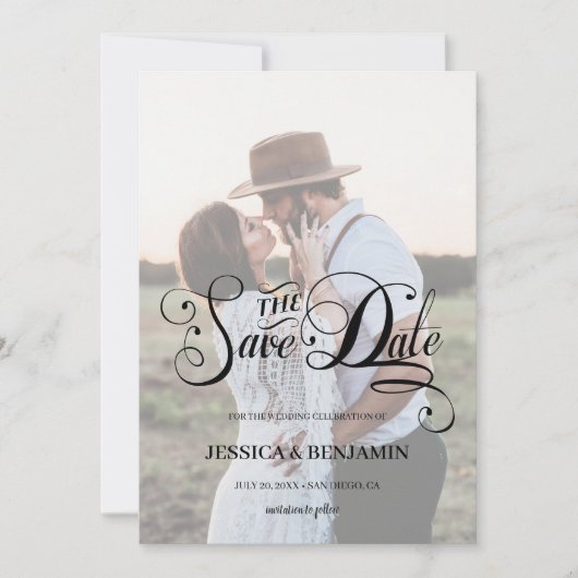 シック·カリグラフェイクティ·ヴェラム効果写結婚真 セーブザデート (正面)