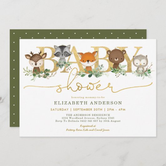 シック·グリーンリー·金ゴールド·ウッドランド·フォレスト·ベイビー·シャワー 招待状 (正面/裏面)